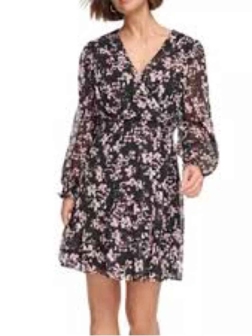DKNY Black Floral Long-Sleeve Faux Wrap Dress with Pink & White Accents